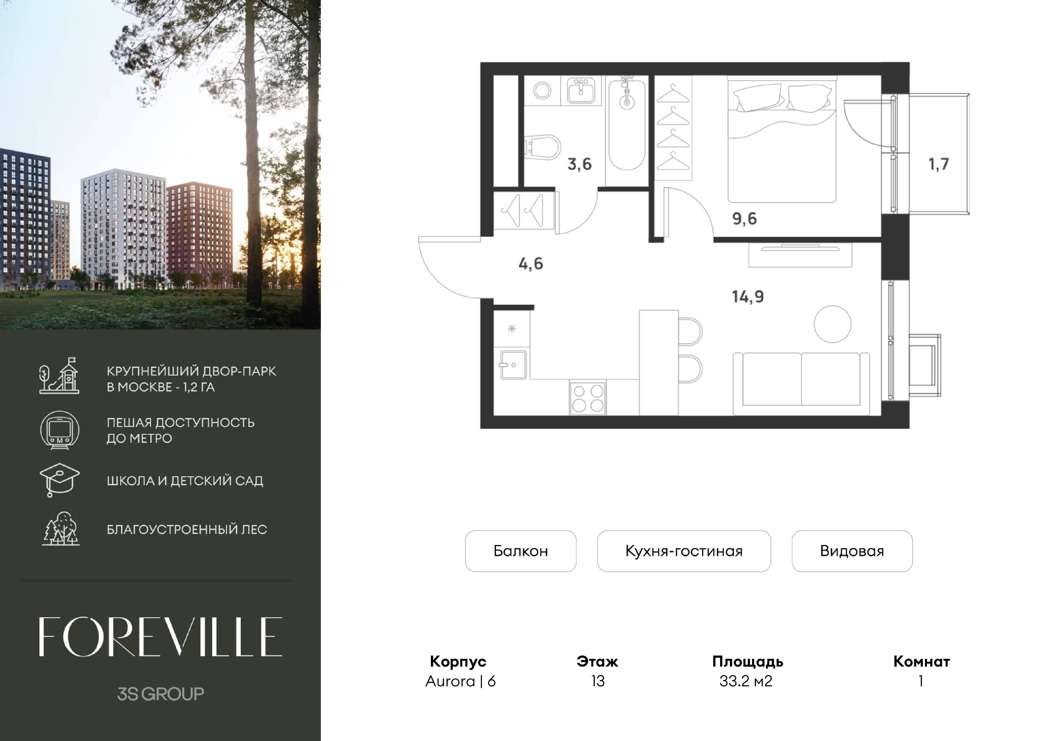 1-комнатная 33 м2 в ЖК Форевиль корпус null этаж 13