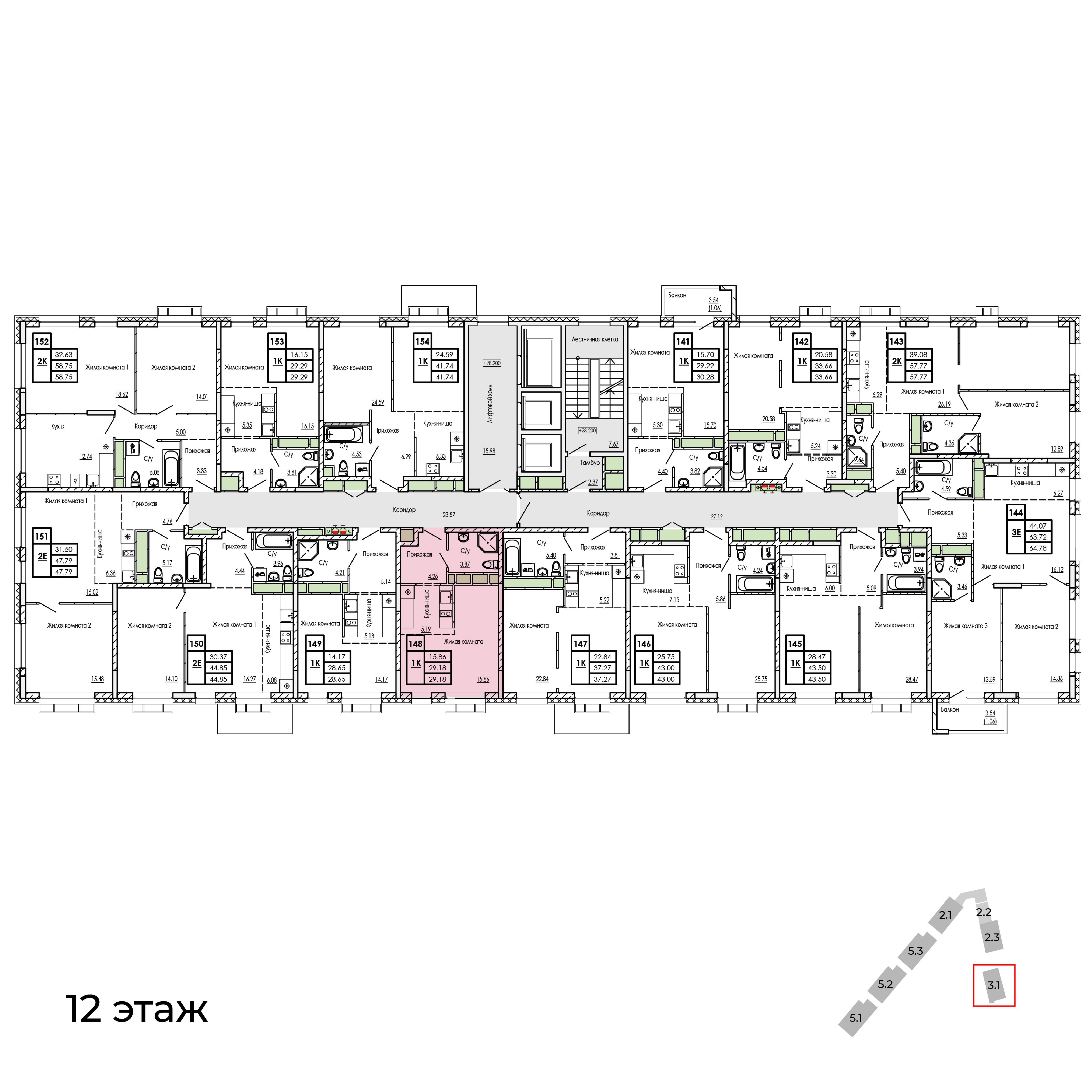 1-комнатная 29 м2 в ЖК Сенсация корпус null этаж 12