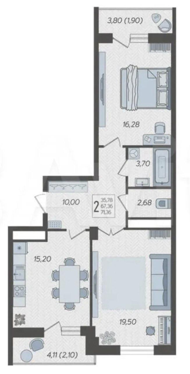 2-комнатная 71.4 м2 в ЖК undefined корпус null этаж 15