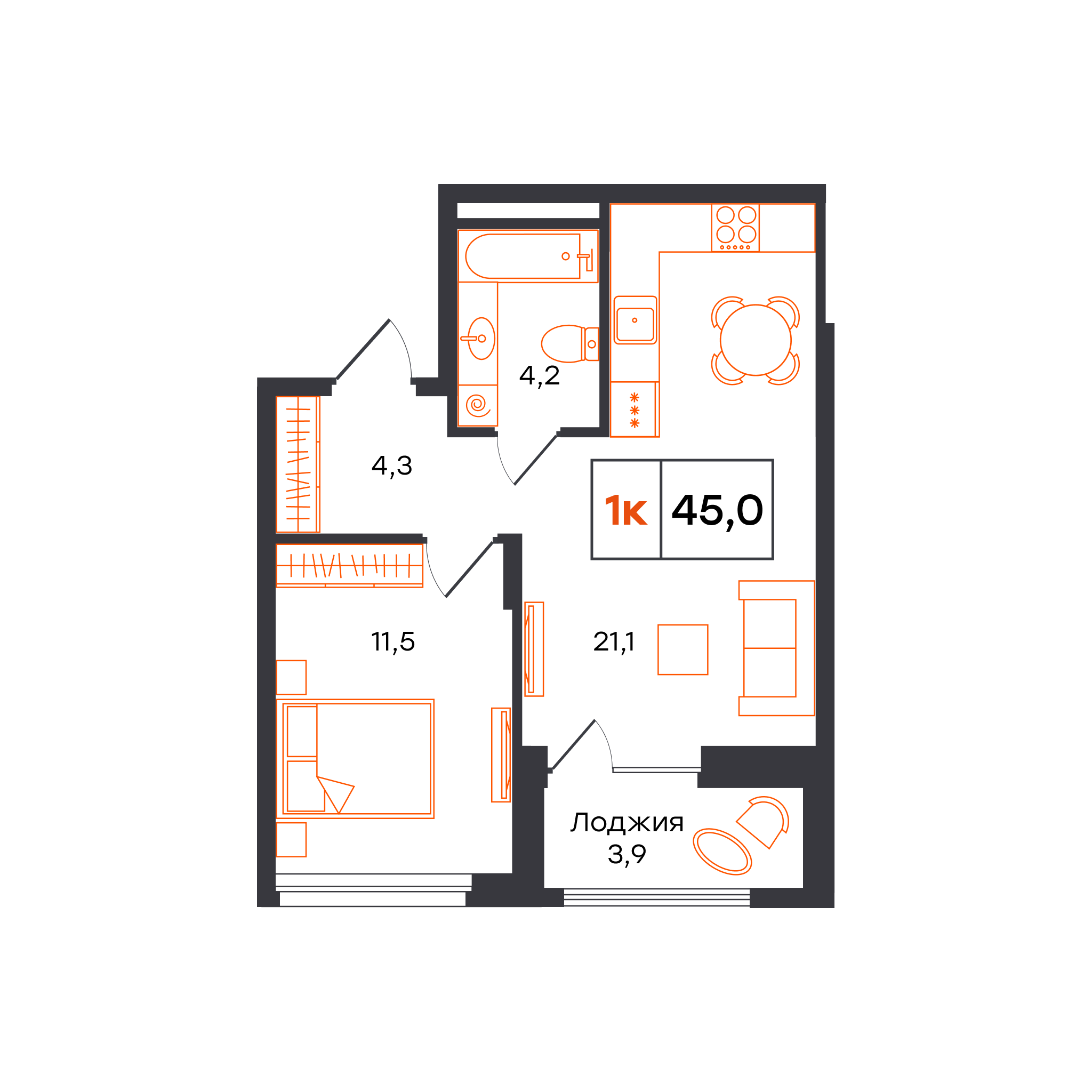 1-комнатная 45 м2 в ЖК Александровский корпус null этаж 8