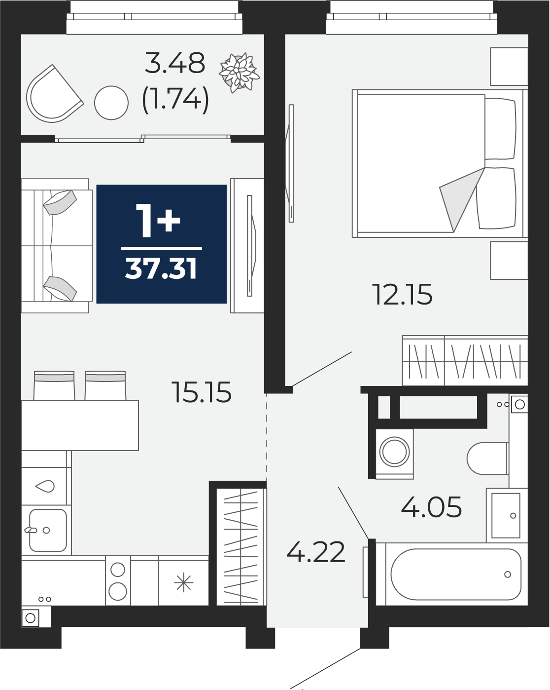 1-комнатная 35 м2 в ЖК Прео корпус null этаж 18