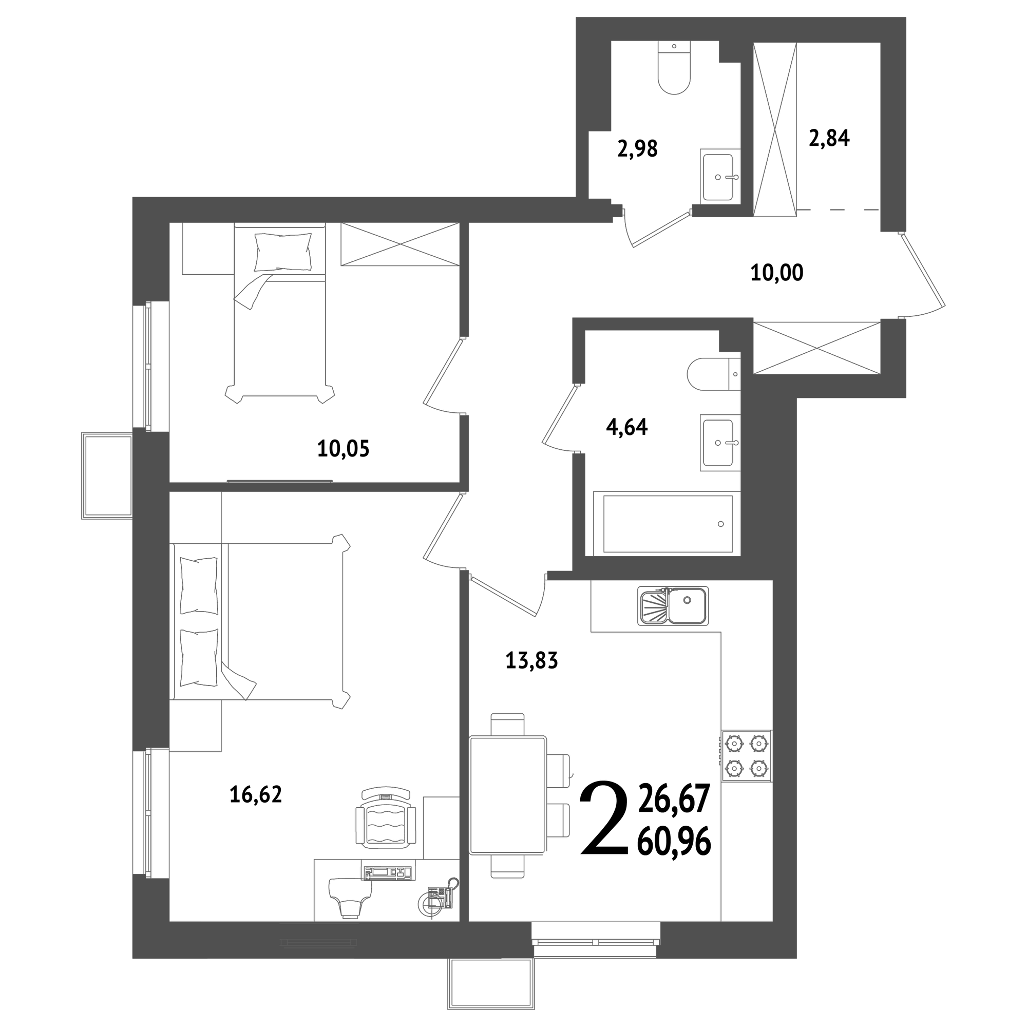 2-комнатная 60 м2 в ЖК Холмогоры корпус null этаж 25