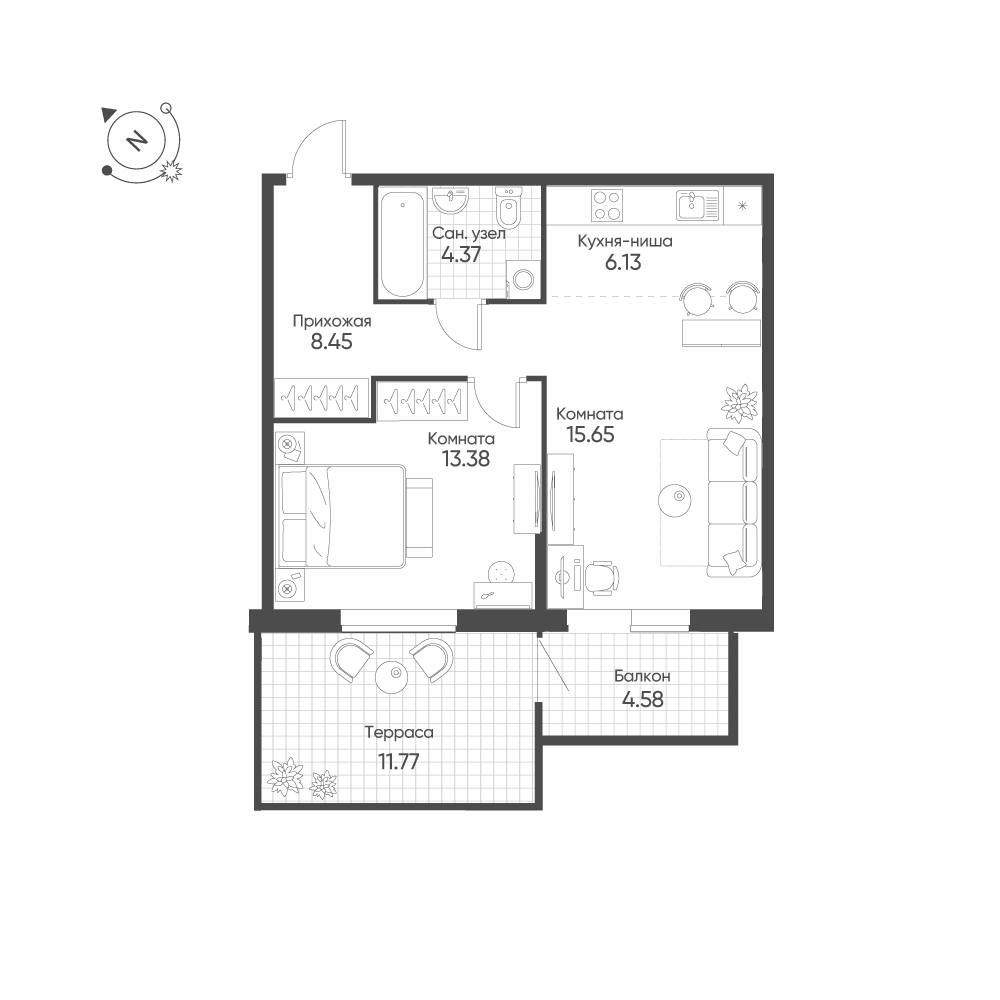 2-комнатная 52 м2 в ЖК Балтым-Парк корпус null этаж 1