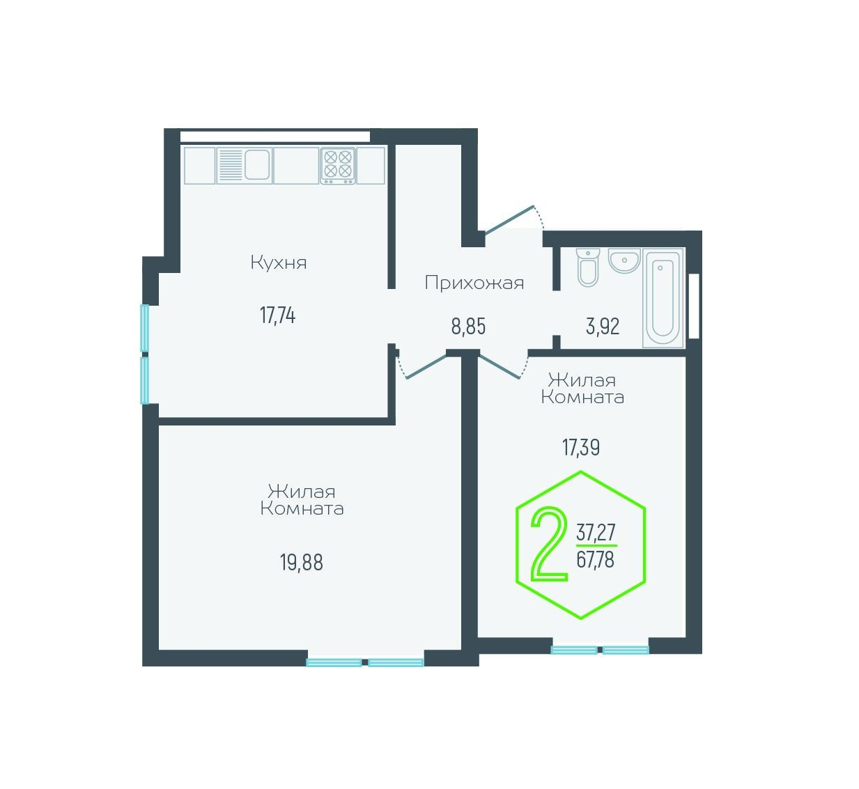 2-комнатная 67 м2 в ЖК Гарантия в Немецкой Деревне корпус null этаж 2