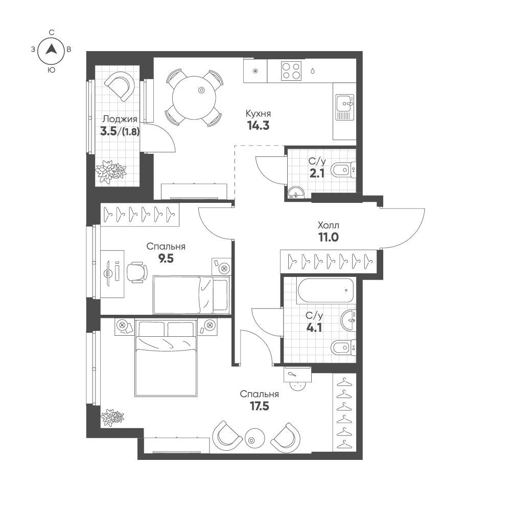 2-комнатная 60 м2 в ЖК Ягодное Река Парк корпус null этаж 1
