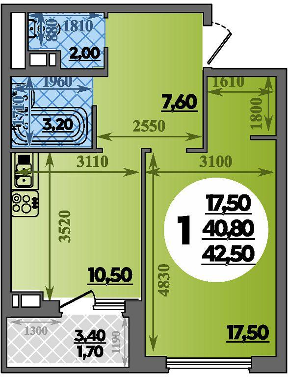 1-комнатная 42 м2 в ЖК Парк у дома корпус null этаж 7