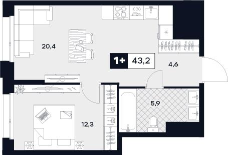 1-комнатная 43 м2 в ЖК Юту корпус null этаж 20