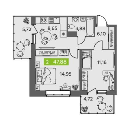 2-комнатная 47.9 м2 в ЖК undefined корпус null этаж 8