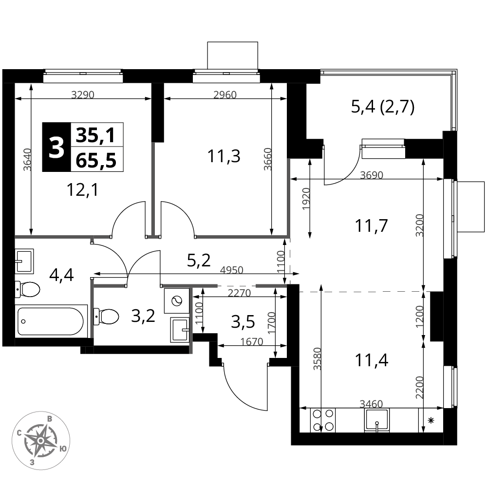 3-комнатная 65 м2 в ЖК 1-й Измайловский корпус null этаж 5