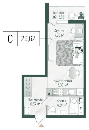 Студия 31 м2 в ЖК Рига Хиллс корпус null этаж 2