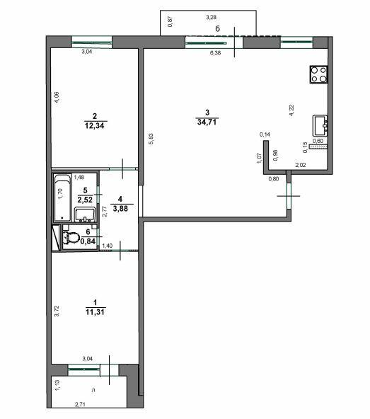 3-комнатная 68 м2 в ЖК undefined корпус null этаж 9