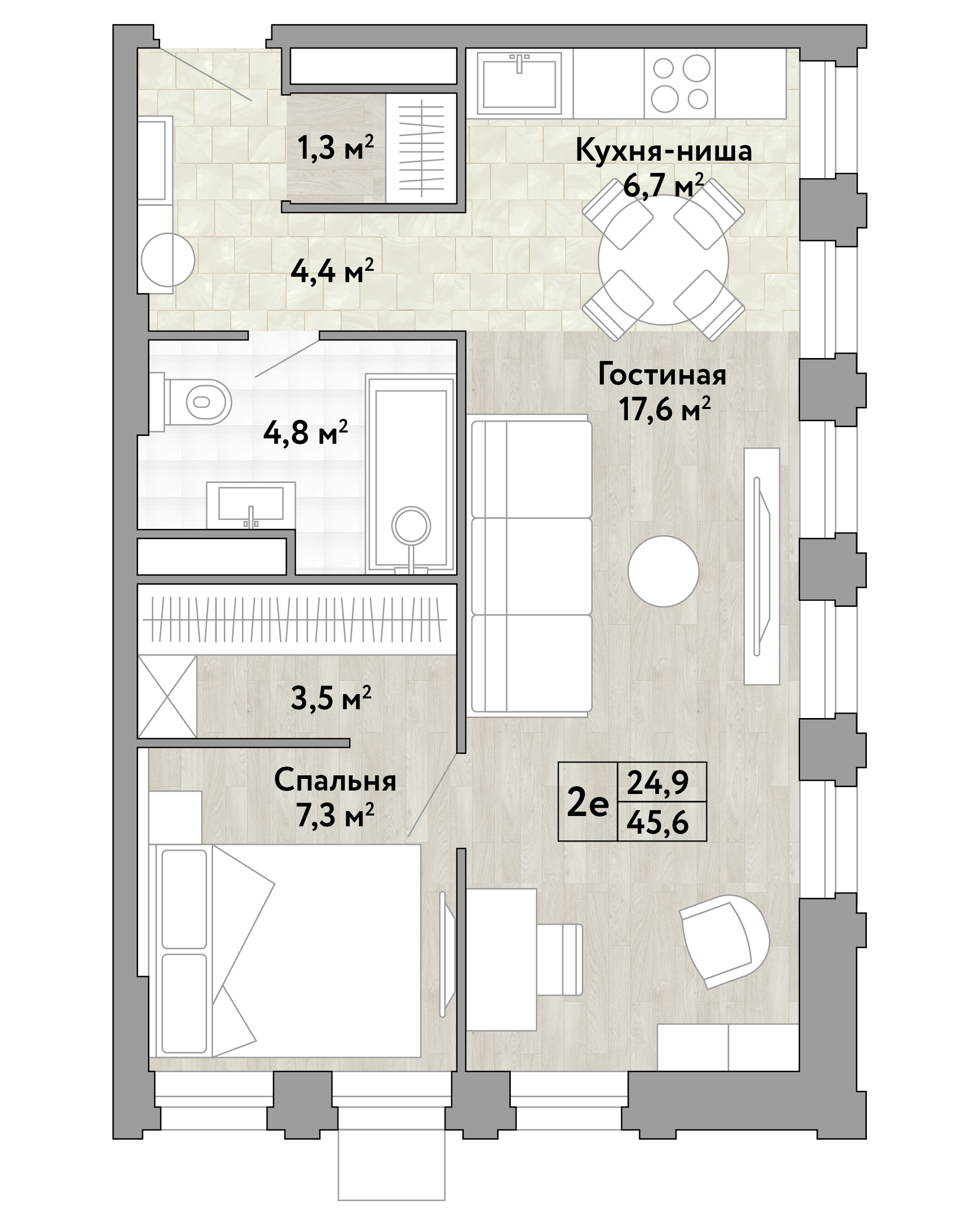 1-комнатная 45 м2 в ЖК Новые Смыслы корпус null этаж 30