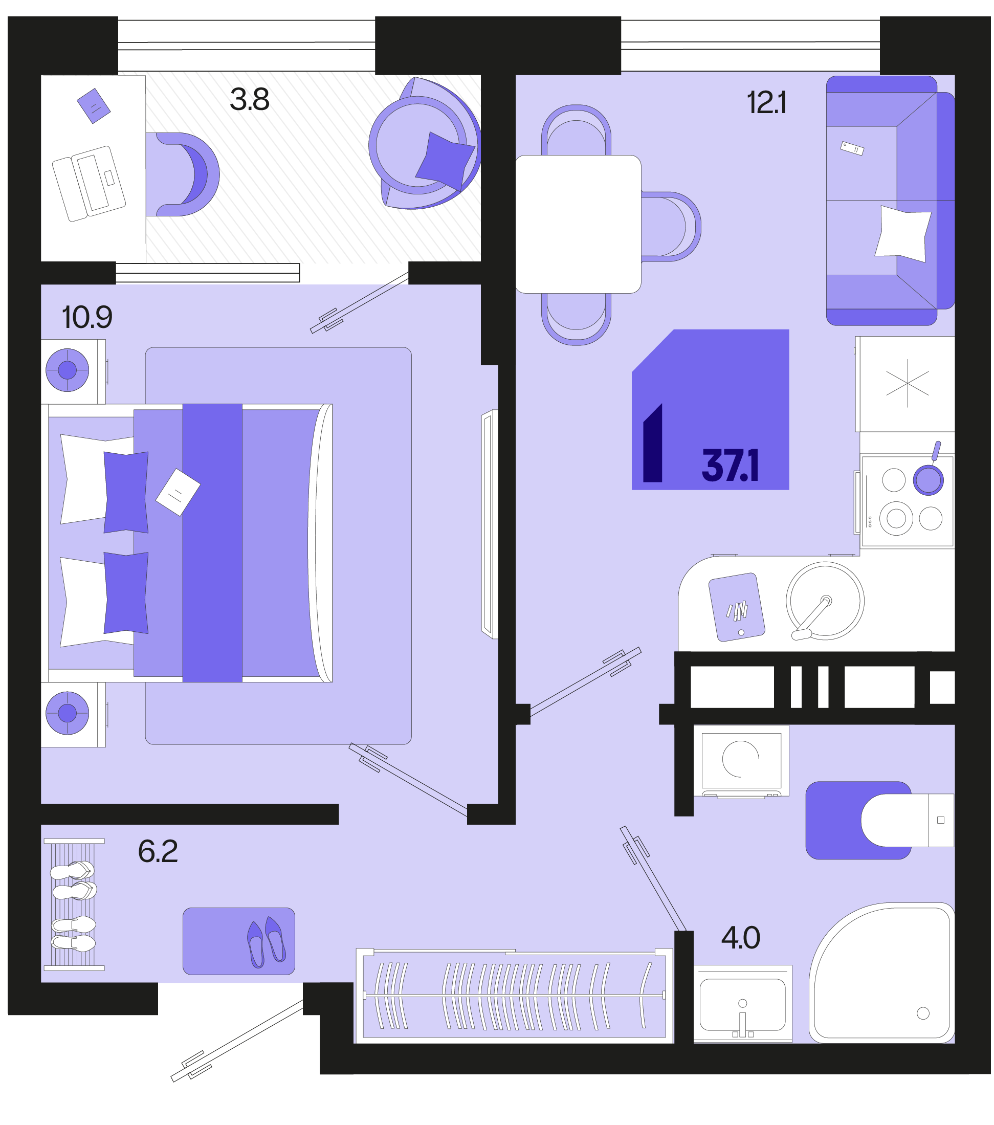 1-комнатная 37 м2 в ЖК Первое место корпус null этаж 13