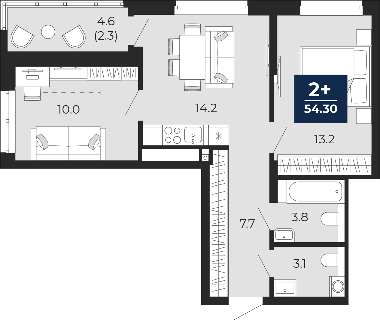 2-комнатная 52 м2 в ЖК Мириады корпус null этаж 10