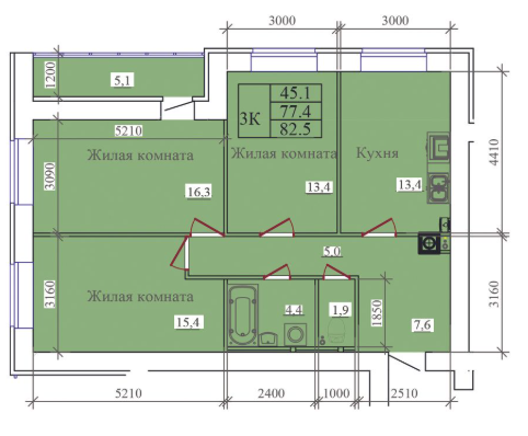 3-комнатная 82.5 м2 в ЖК undefined корпус null этаж 6