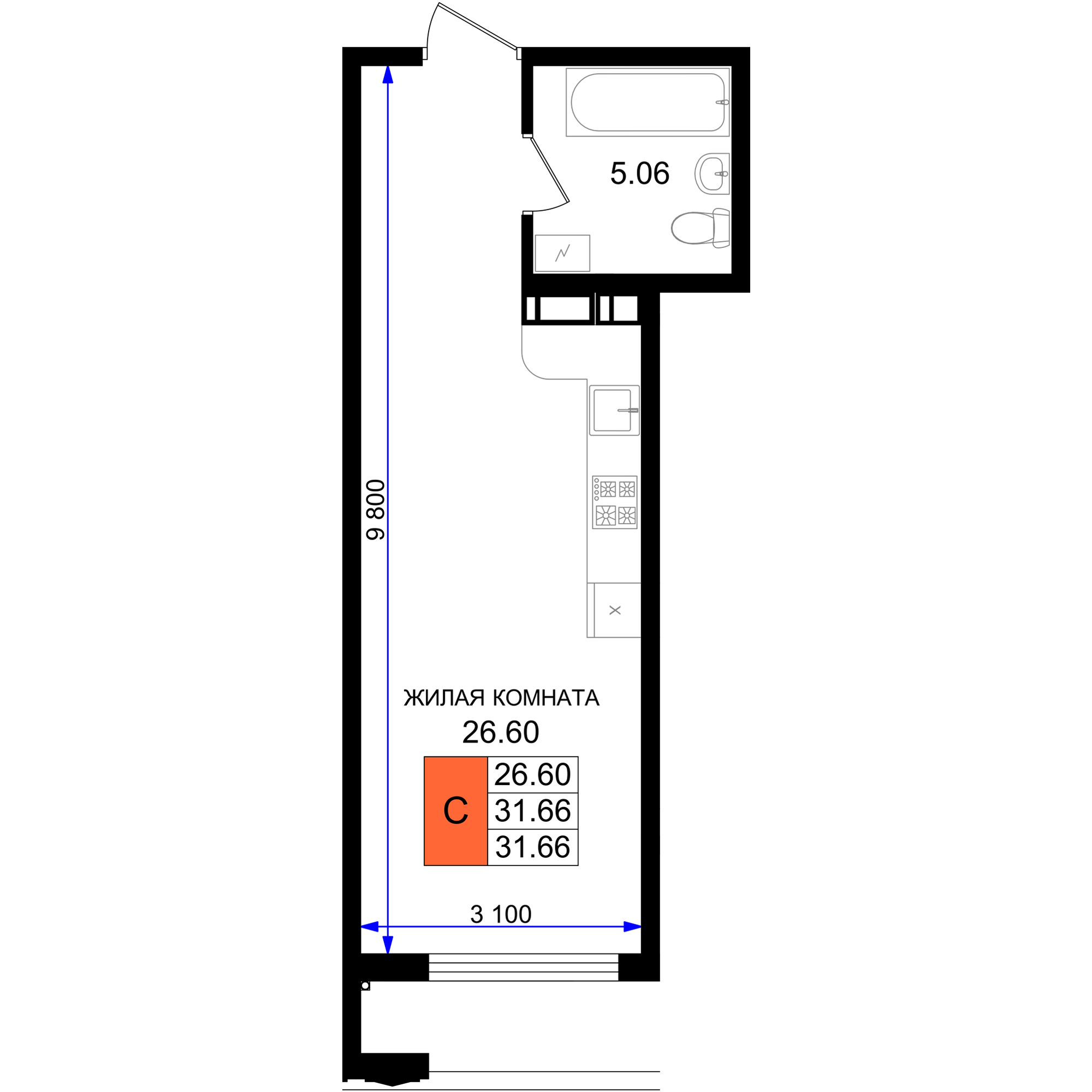 Студия 31 м2 в ЖК Резиденция морей корпус null этаж 3