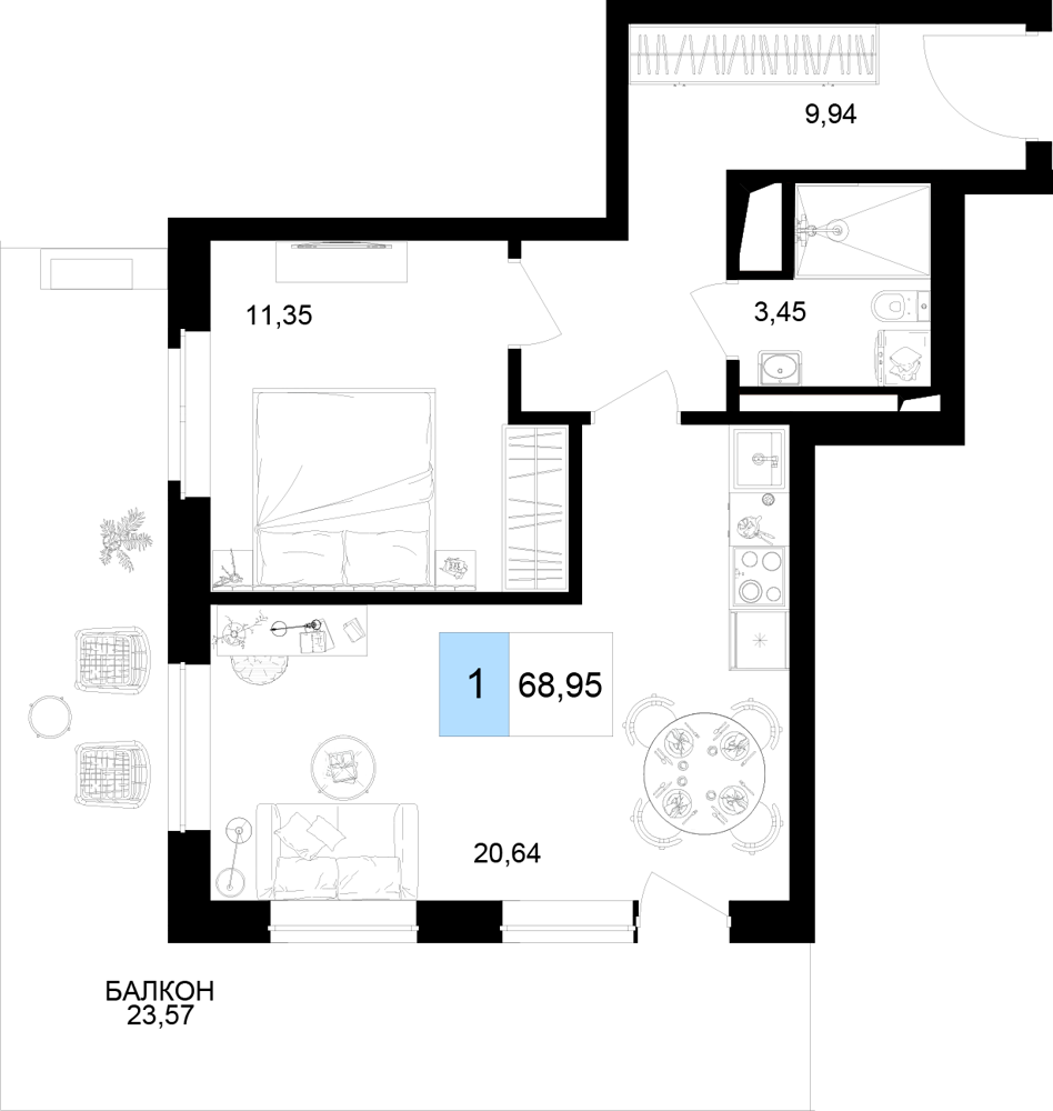 2-комнатная 68 м2 в ЖК Корсаков корпус null этаж 7