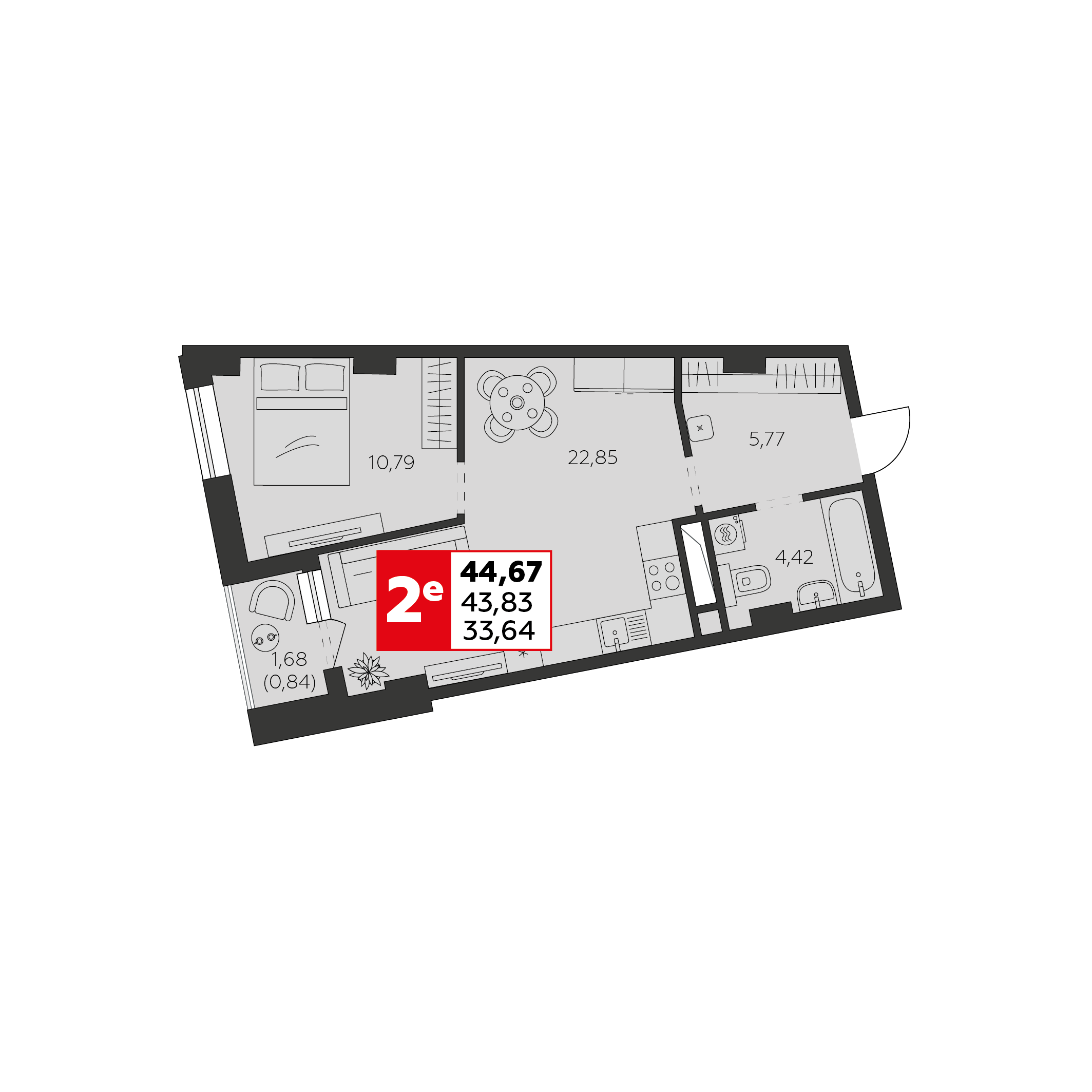 Студия 44 м2 в ЖК Высотка корпус null этаж 2