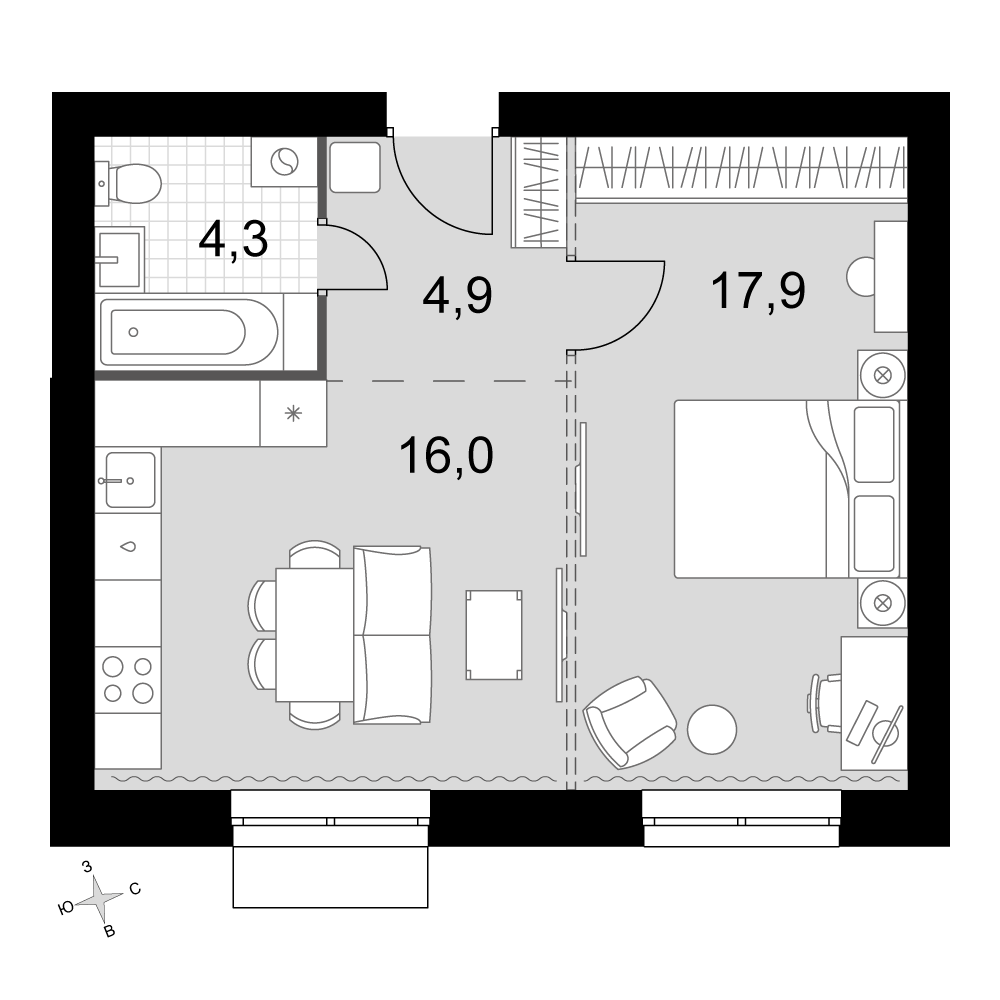 2-комнатная 43 м2 в ЖК Дубровицы Клаб корпус null этаж 4