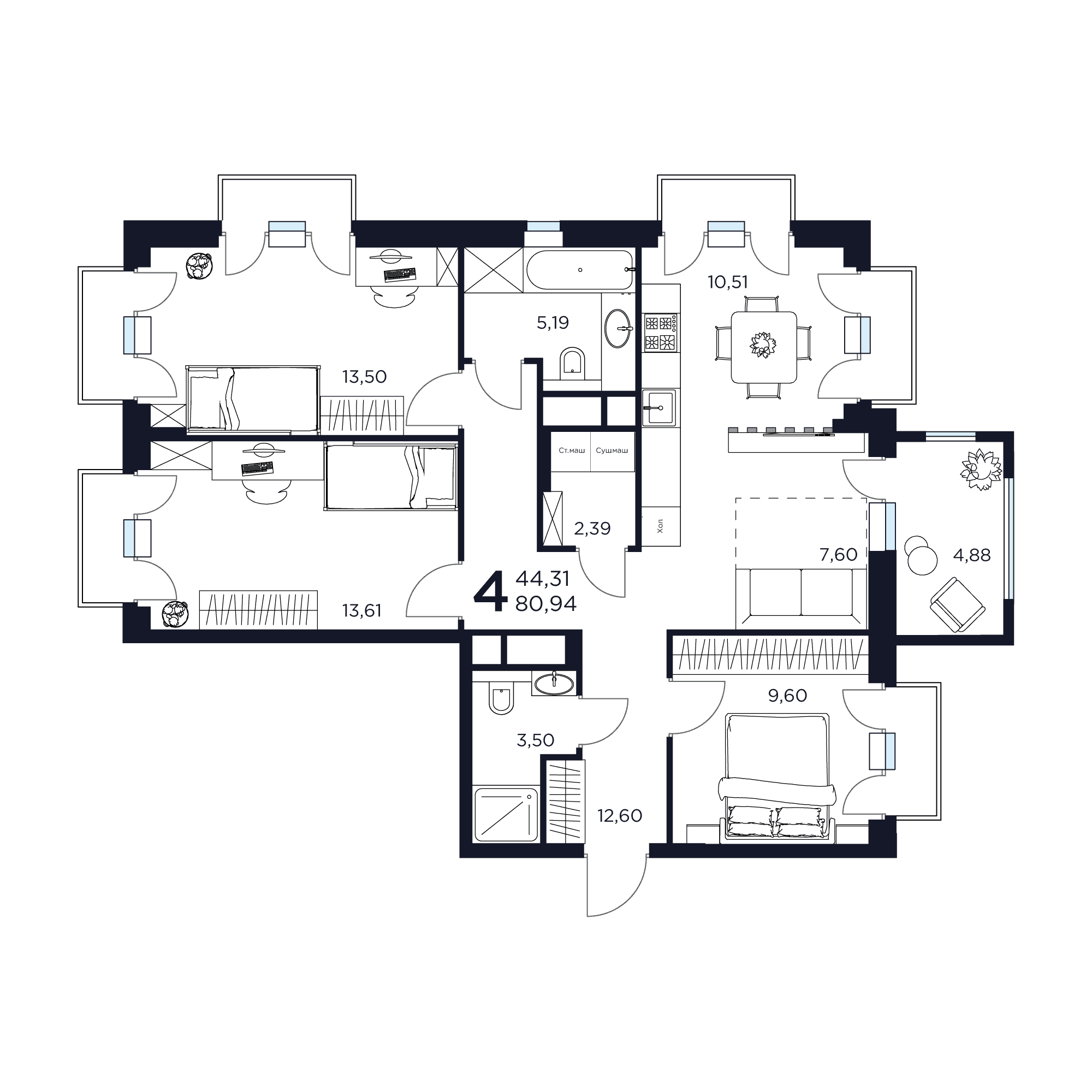 4-комнатная 80 м2 в ЖК ВОСТОК II корпус null этаж 9