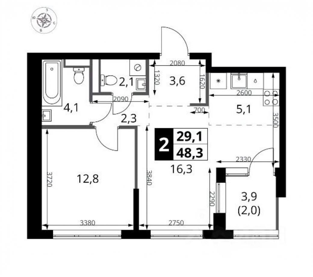 2-комнатная 48.3 м2 в ЖК undefined корпус null этаж 14