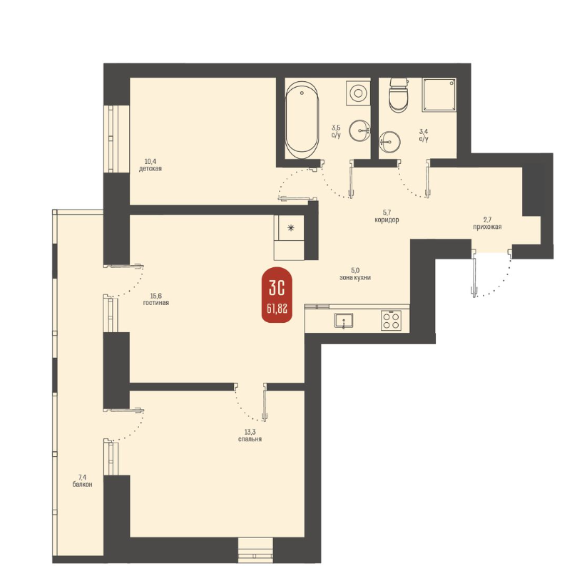 3-комнатная 61.8 м2 в ЖК undefined корпус null этаж 13