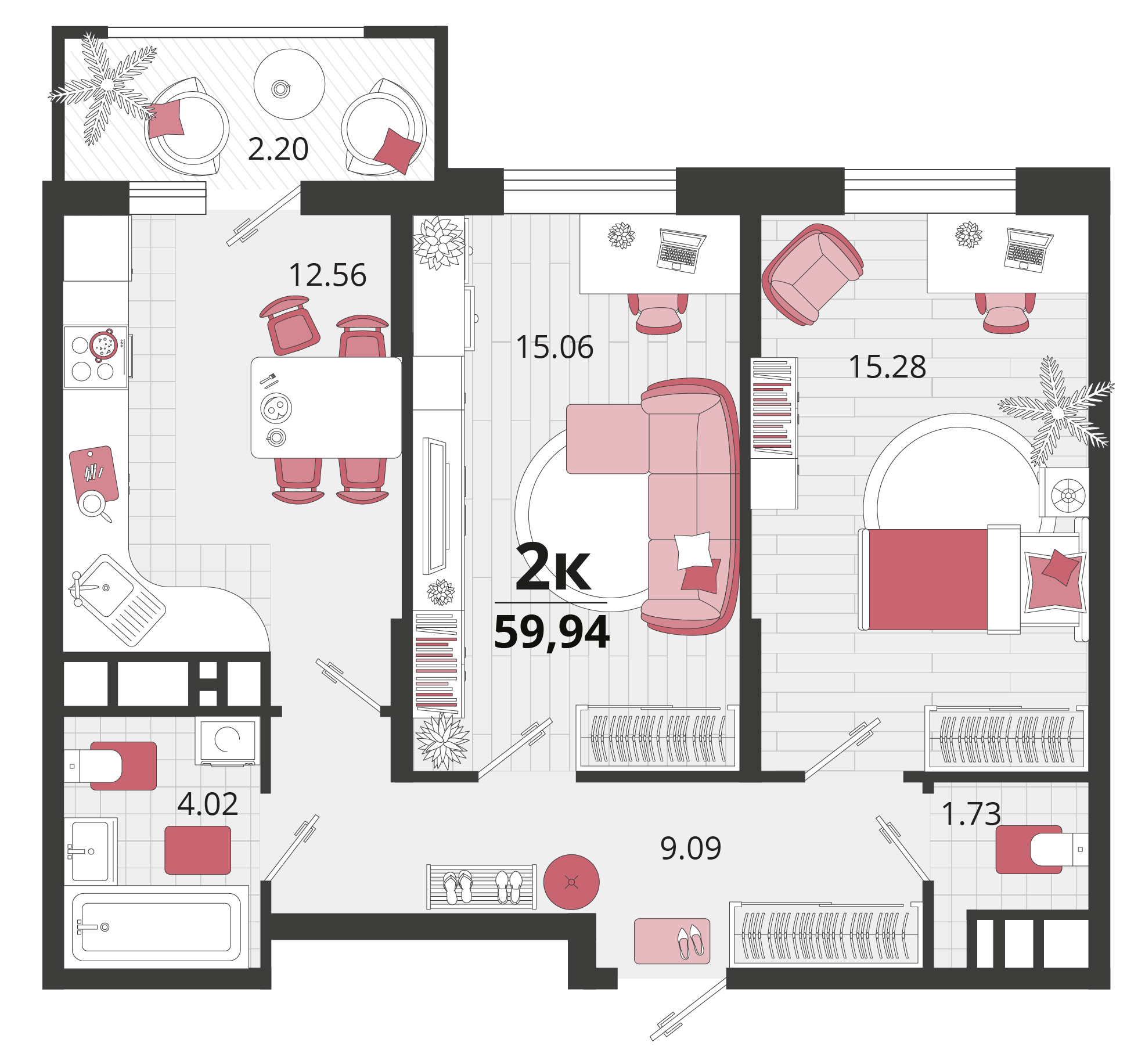 2-комнатная 60 м2 в ЖК Родные просторы корпус null этаж 2