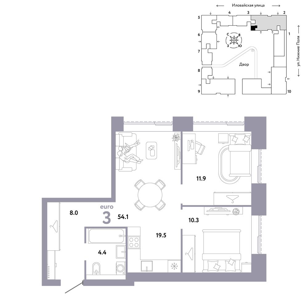 3-комнатная 54 м2 в ЖК Страна.Заречная корпус null этаж 5