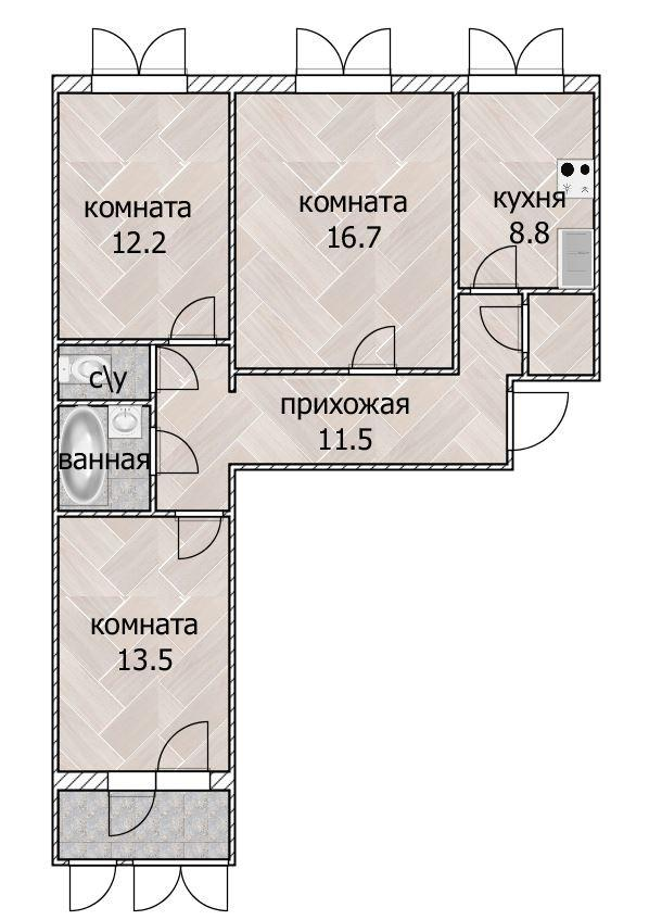 3-комнатная 65.1 м2 в ЖК undefined корпус null этаж 1