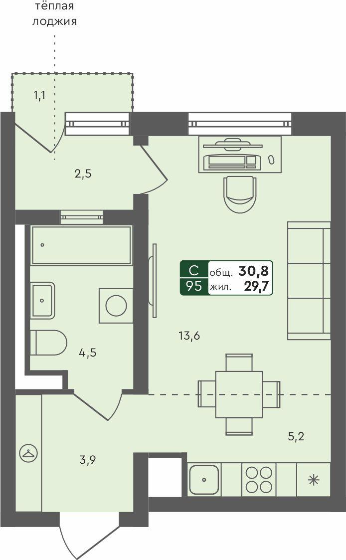 Студия 30 м2 в ЖК Ритмы корпус null этаж 2