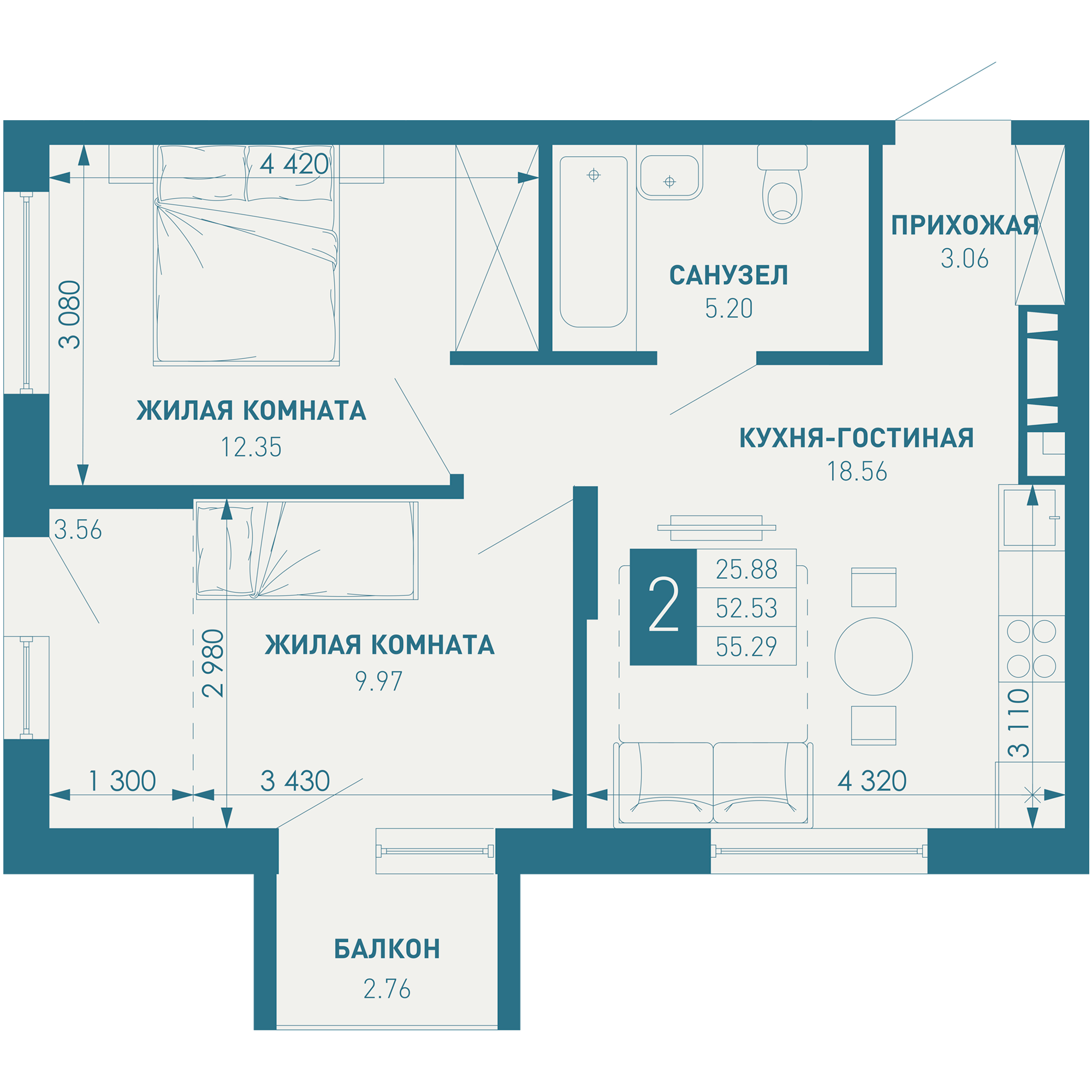 2-комнатная 55 м2 в ЖК ИНАЧЕ в Молодежном корпус null этаж 3