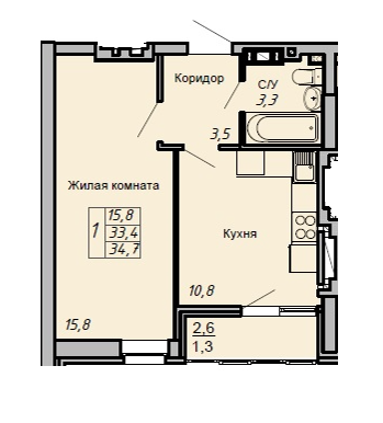 1-комнатная 34 м2 в ЖК Засекин корпус null этаж 5