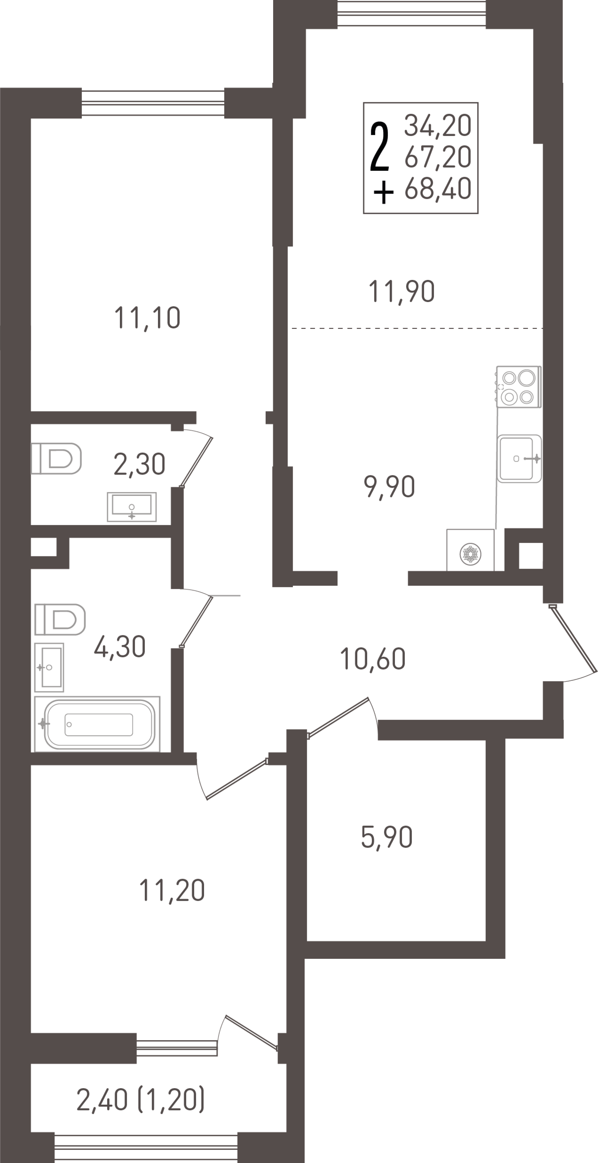 2-комнатная 71 м2 в ЖК Югге корпус null этаж 1