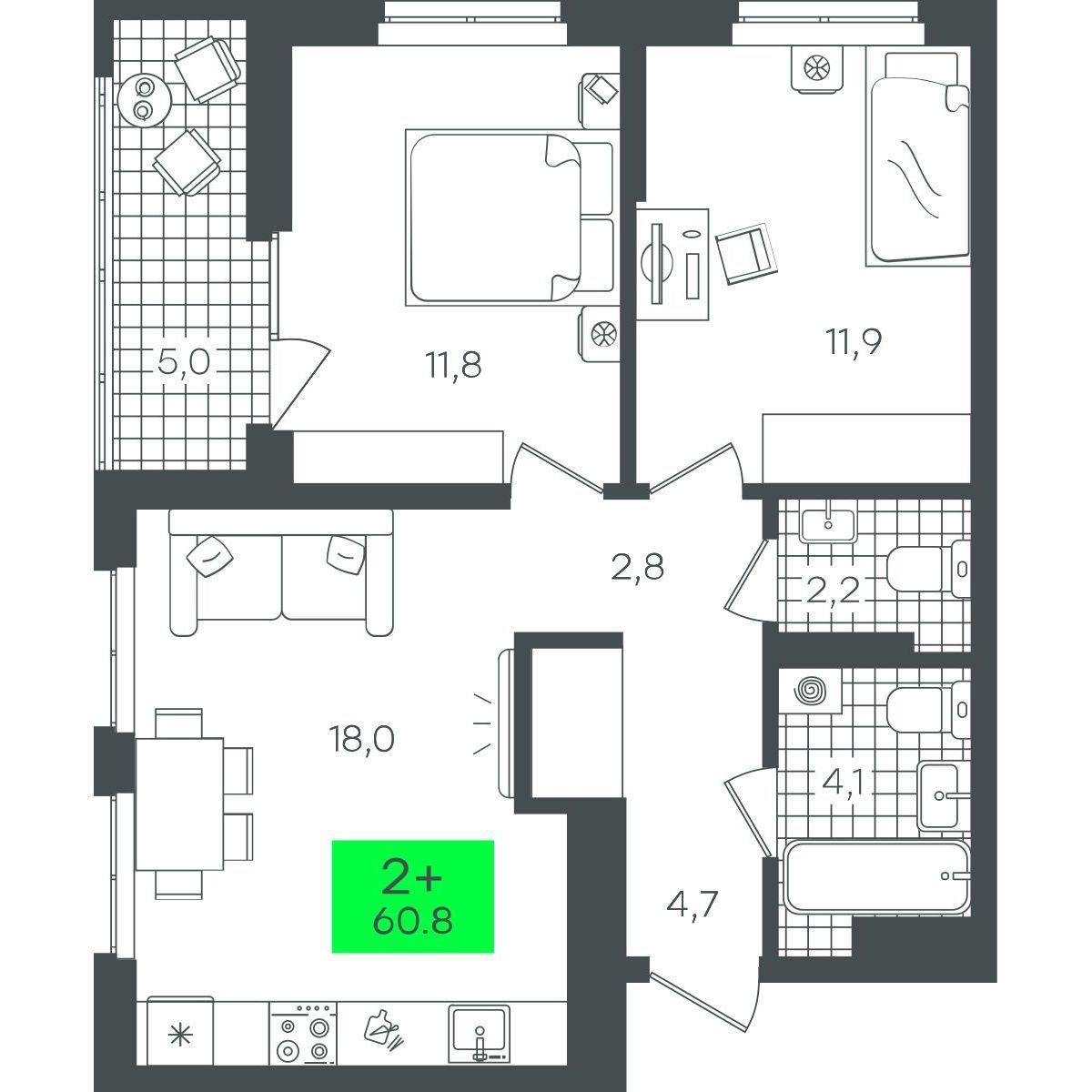 2-комнатная 60 м2 в ЖК Гранд Квартал корпус null этаж 15