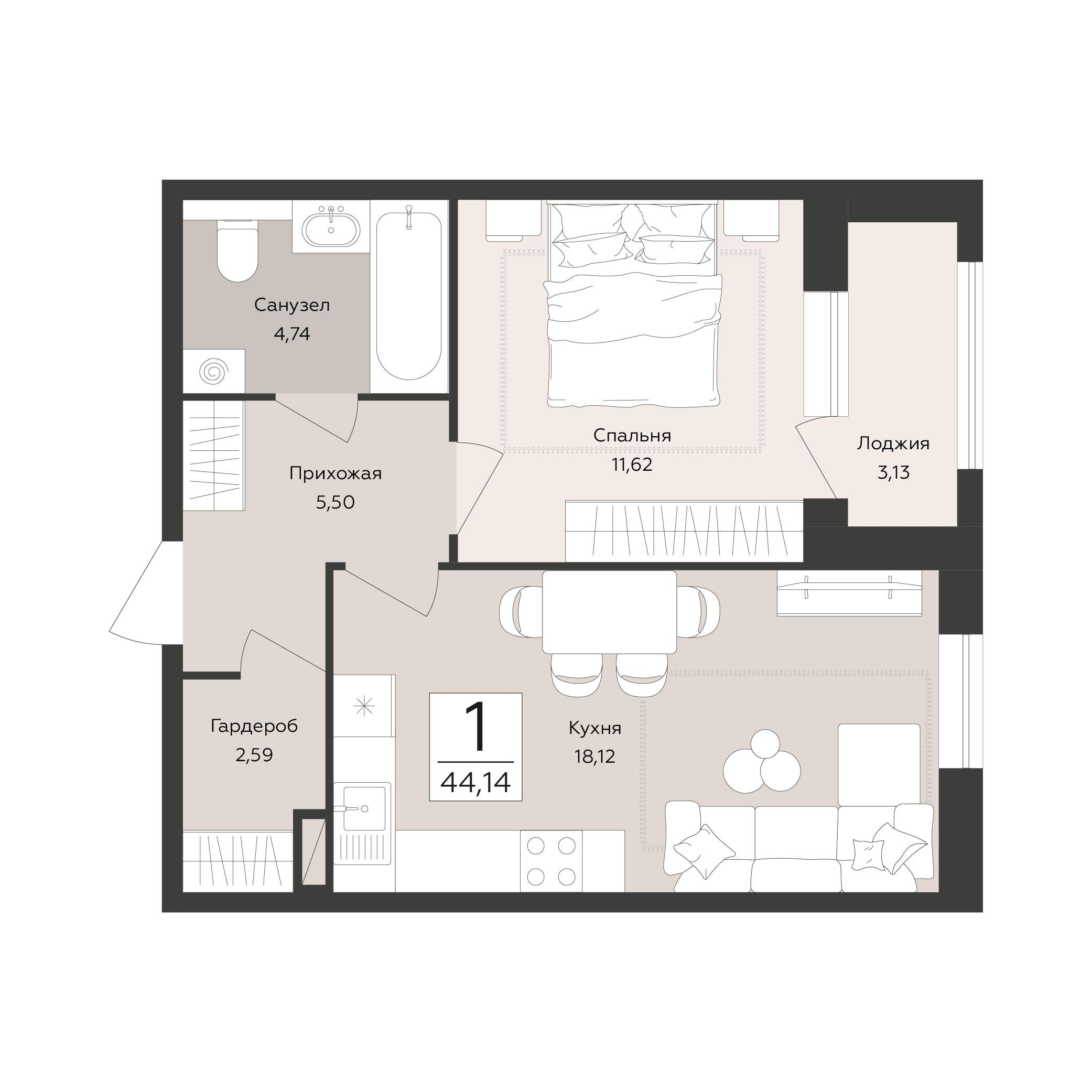 2-комнатная 44 м2 в ЖК Эклипс корпус null этаж 5