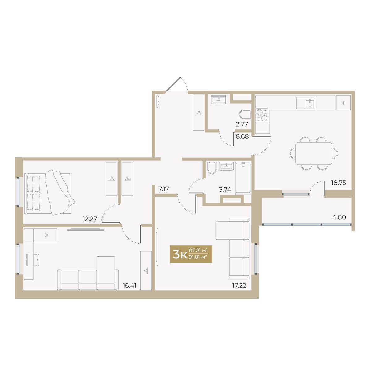 3-комнатная 87 м2 в ЖК Спутник-2 корпус null этаж 10