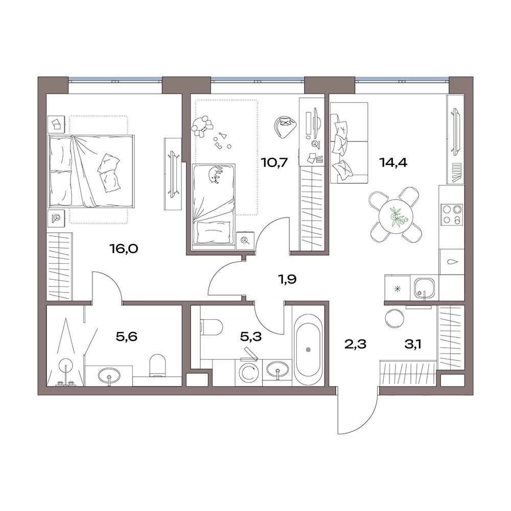 2-комнатная 59 м2 в ЖК Акценты корпус null этаж 2