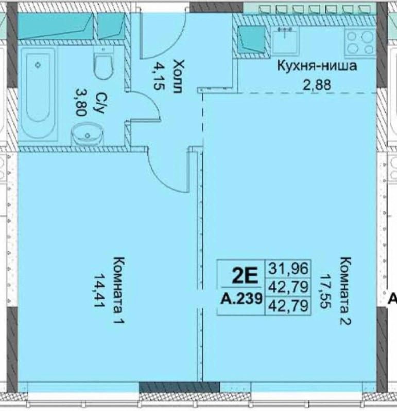 2-комнатная 42.8 м2 в ЖК undefined корпус null этаж 20