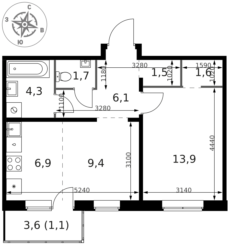 2-комнатная 46 м2 в ЖК 1-й Ясеневский корпус null этаж 2