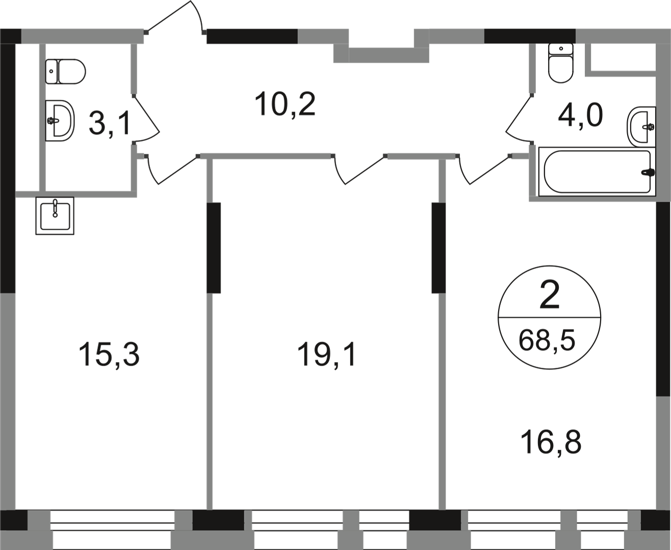 2-комнатная 68 м2 в ЖК Первый Московский корпус null этаж 12