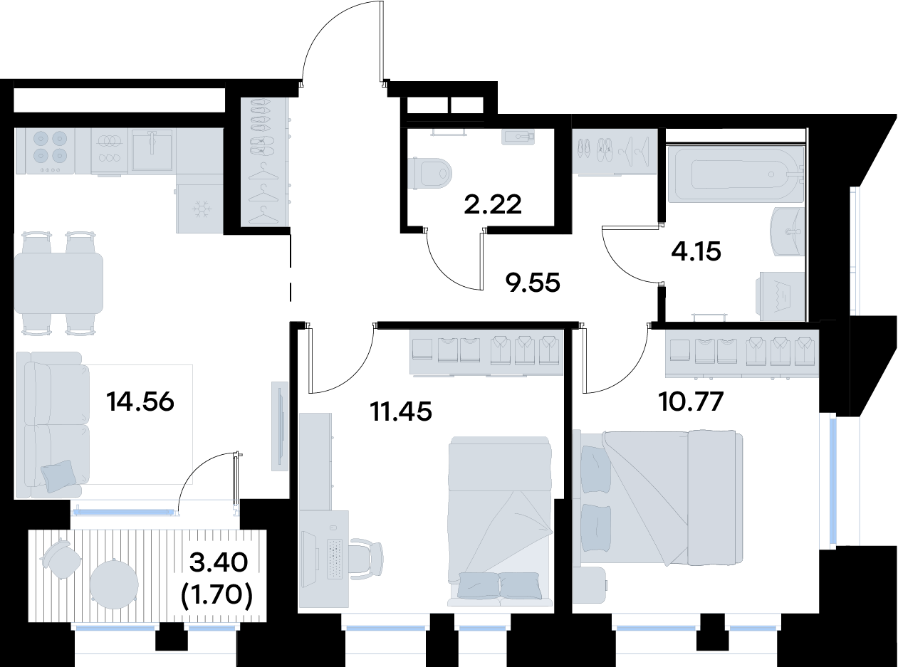2-комнатная 54 м2 в ЖК  GloraX Урицкого корпус null этаж 16