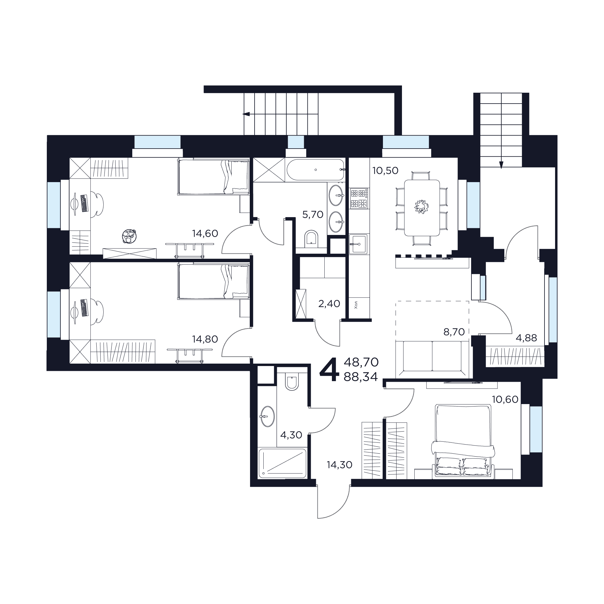 4-комнатная 88 м2 в ЖК ВОСТОК II корпус null этаж 1
