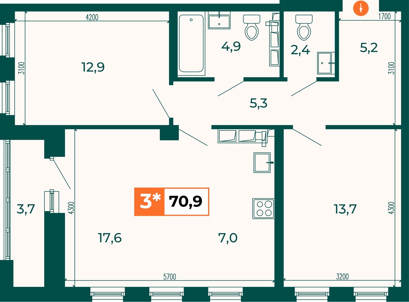 Студия 70 м2 в ЖК Квартал СЮЖЕТЫ корпус null этаж 9