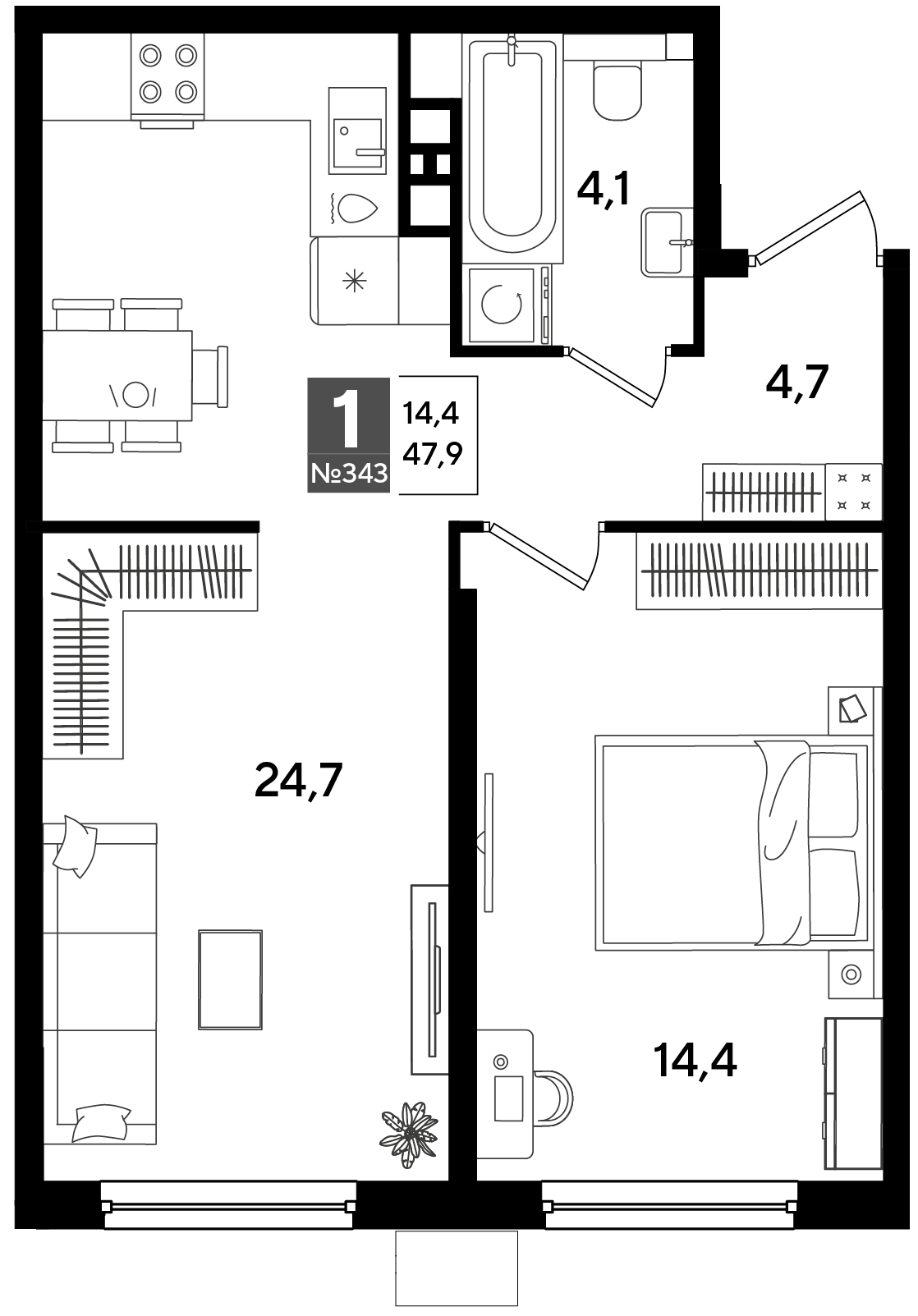 1-комнатная 47 м2 в ЖК Dogma Park корпус null этаж 9