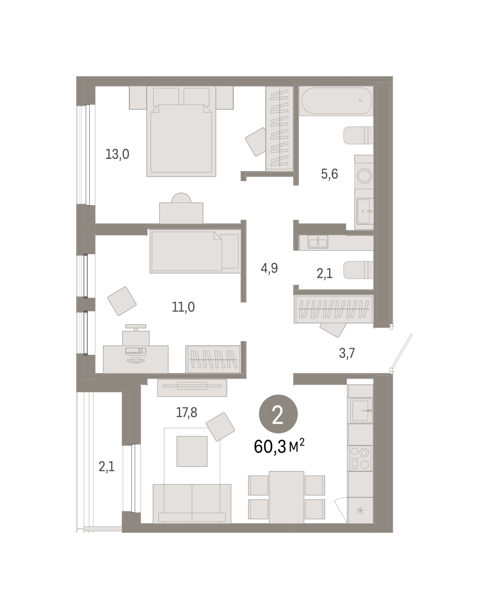 2-комнатная 60 м2 в ЖК Республики 205 корпус null этаж 9