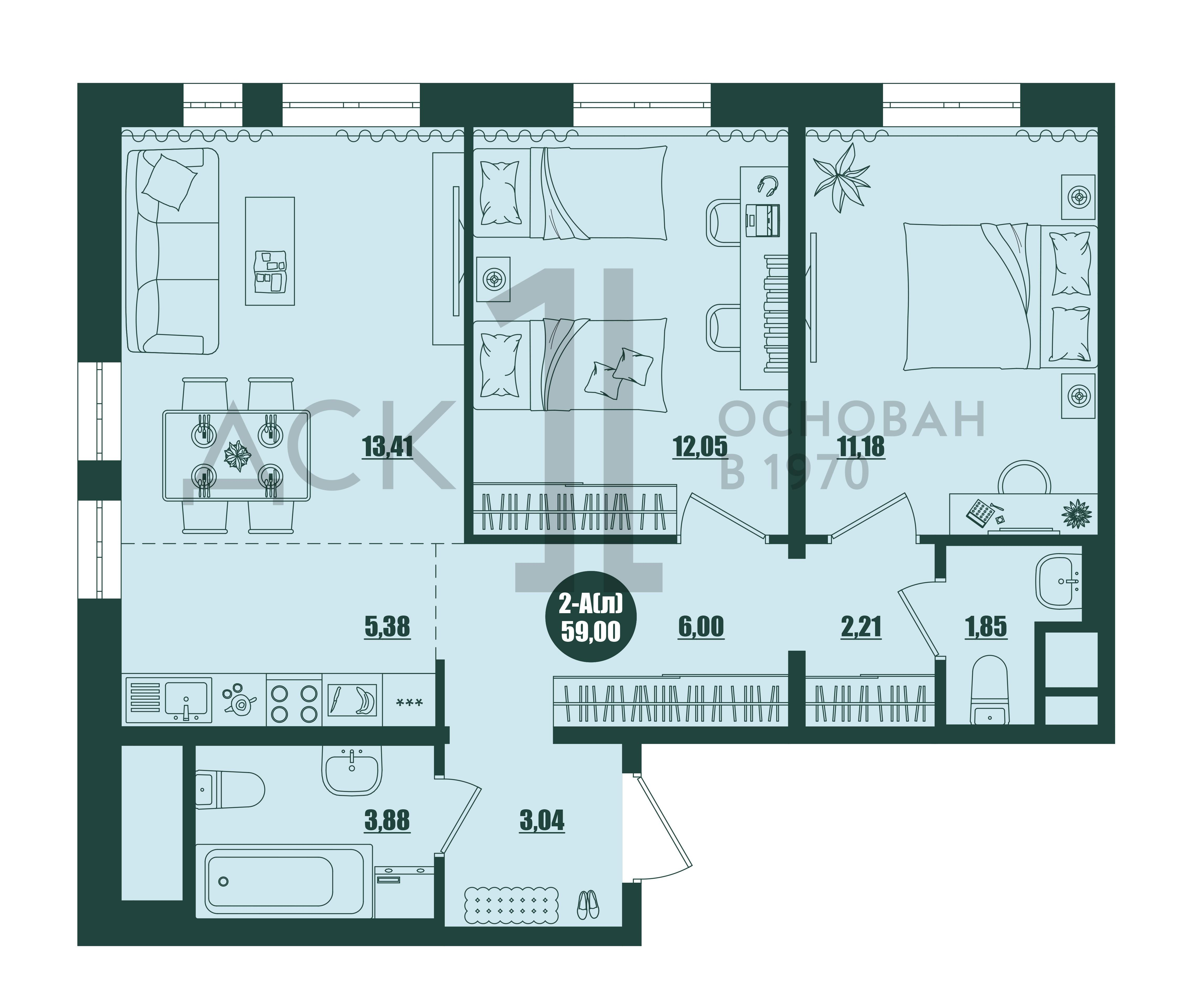 2-комнатная 59 м2 в ЖК Крылов корпус null этаж 11