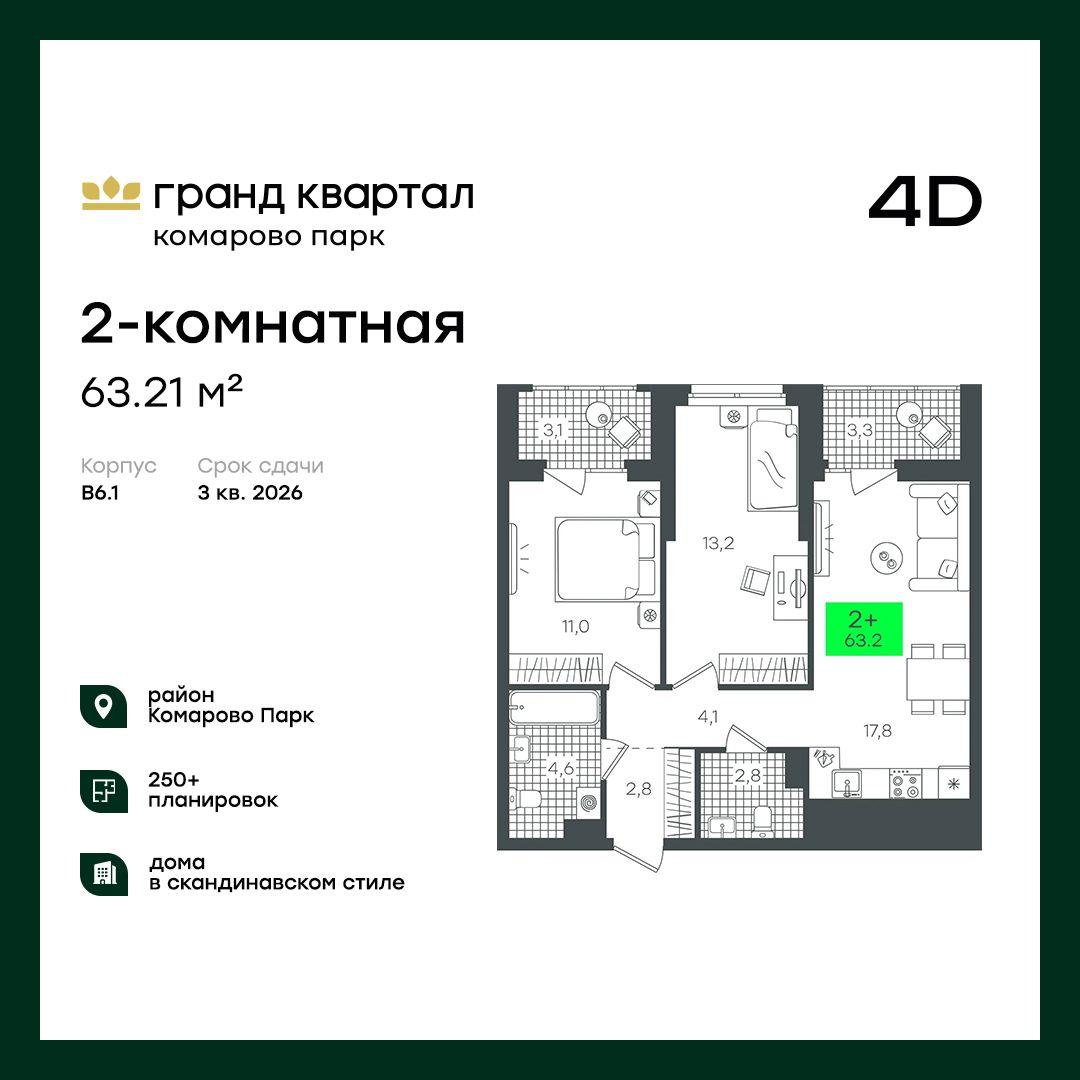 2-комнатная 63 м2 в ЖК Гранд Квартал корпус null этаж 13