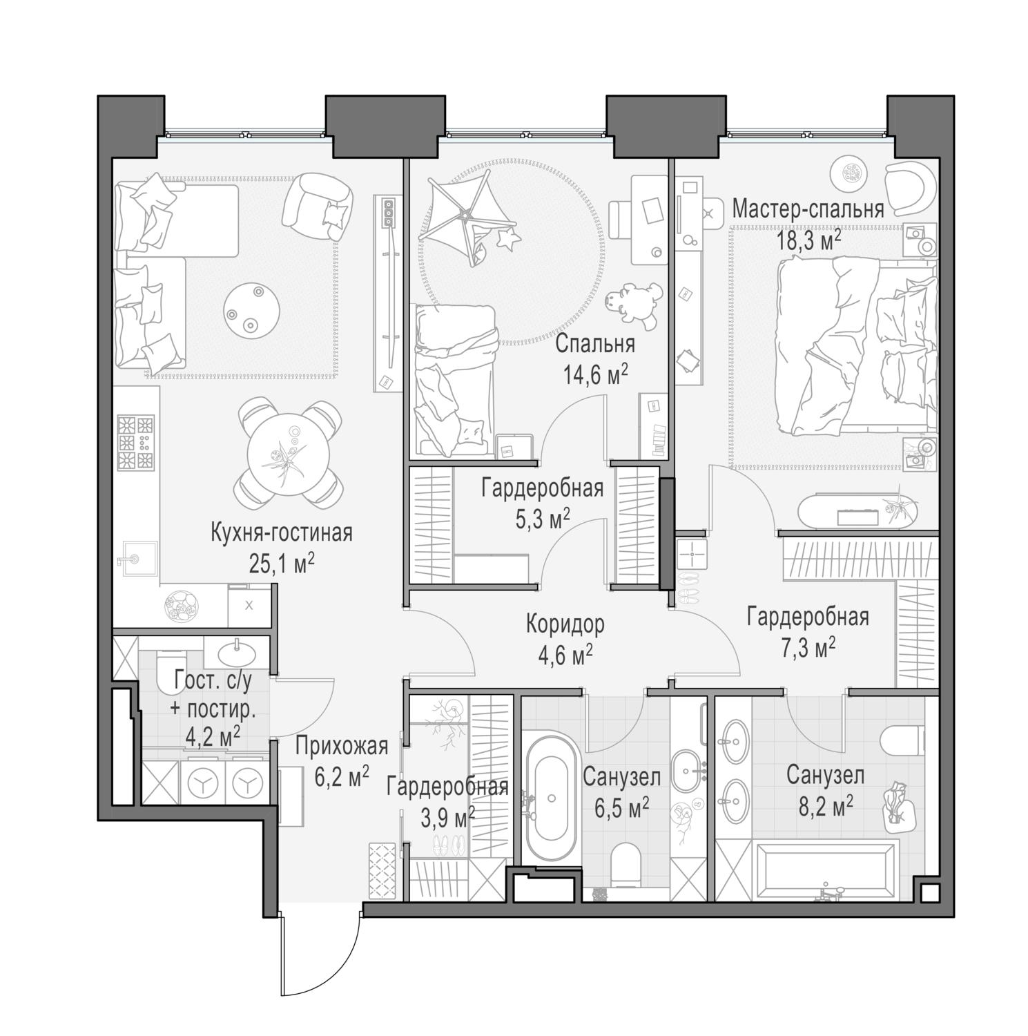 3-комнатная 104 м2 в ЖК Роскошный квартал LIFE TIME корпус null этаж 5