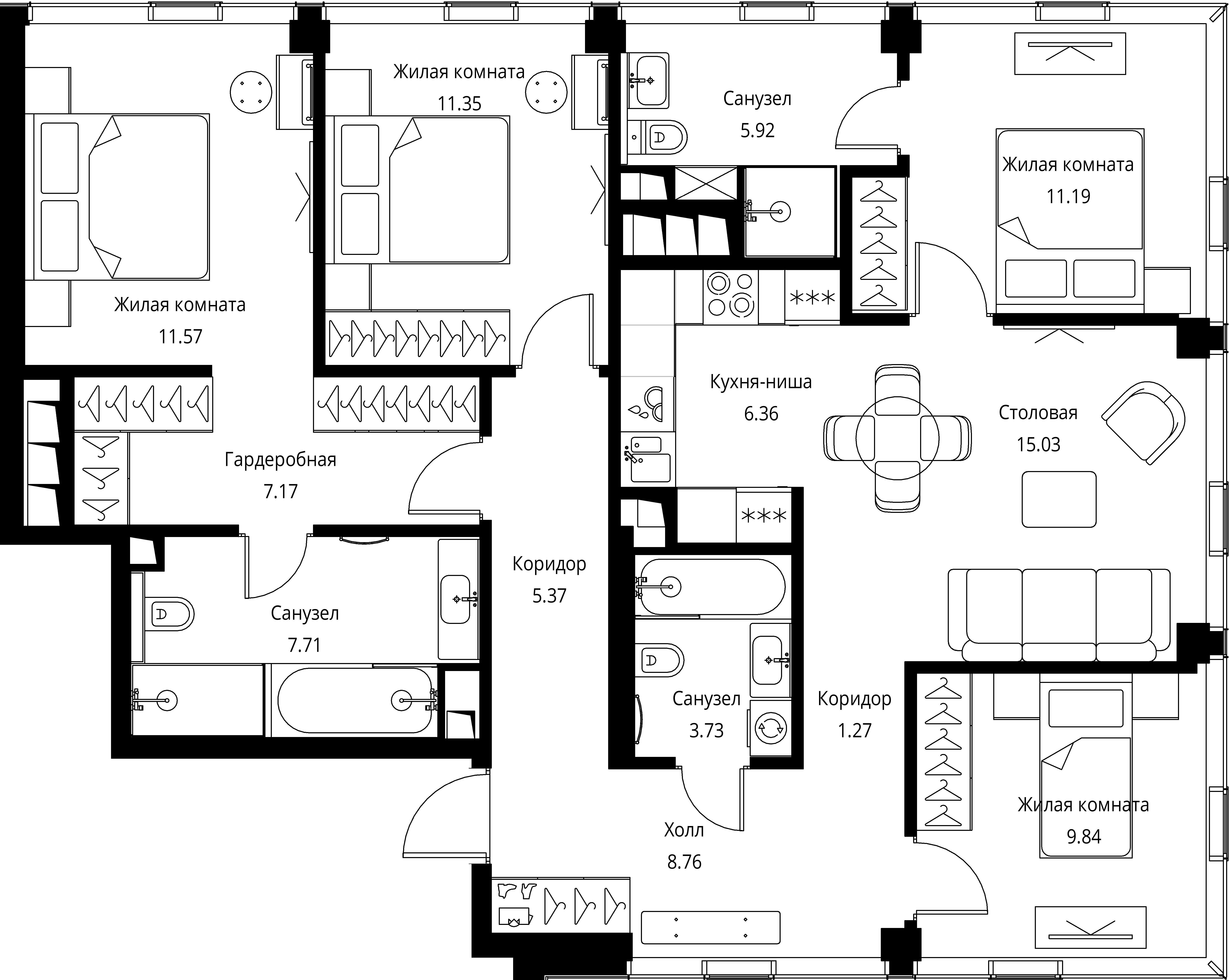 4-комнатная 105 м2 в ЖК Сити Бэй корпус null этаж 44