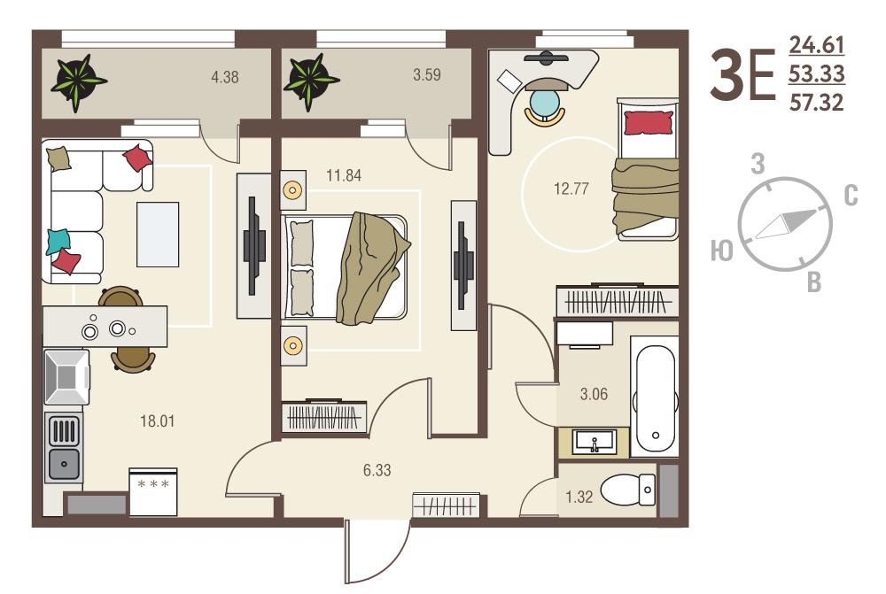 2-комнатная 57 м2 в ЖК Инстеп.Сити корпус null этаж 8